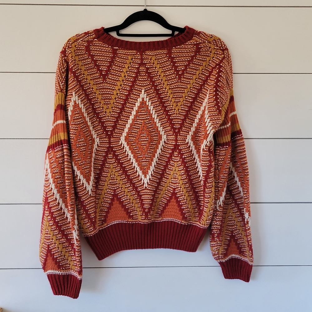 Flying Tomato Geometric Patterned Sweater in Red and Yellow Medium